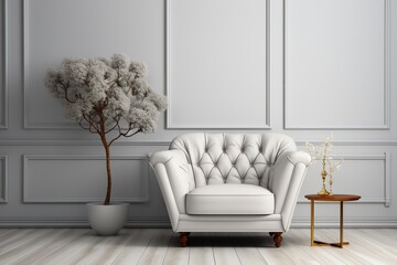 Refined the interior has an armchair on an empty white wall background, creating a luxurious and cozy corner