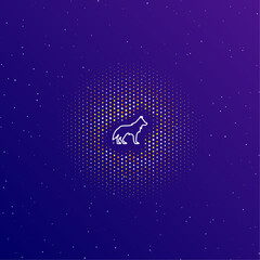Fototapeta na wymiar A large white contour wolf symbol in the center, surrounded by small dots. Dots of different colors in the shape of a ball. Vector illustration on dark blue gradient background with stars