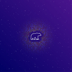 Fototapeta na wymiar A large white contour bear icon in the center, surrounded by small dots. Dots of different colors in the shape of a ball. Vector illustration on dark blue gradient background with stars