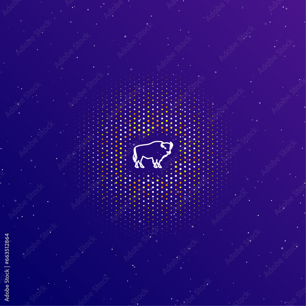 Poster a large white contour buffalo symbol in the center, surrounded by small dots. dots of different colo