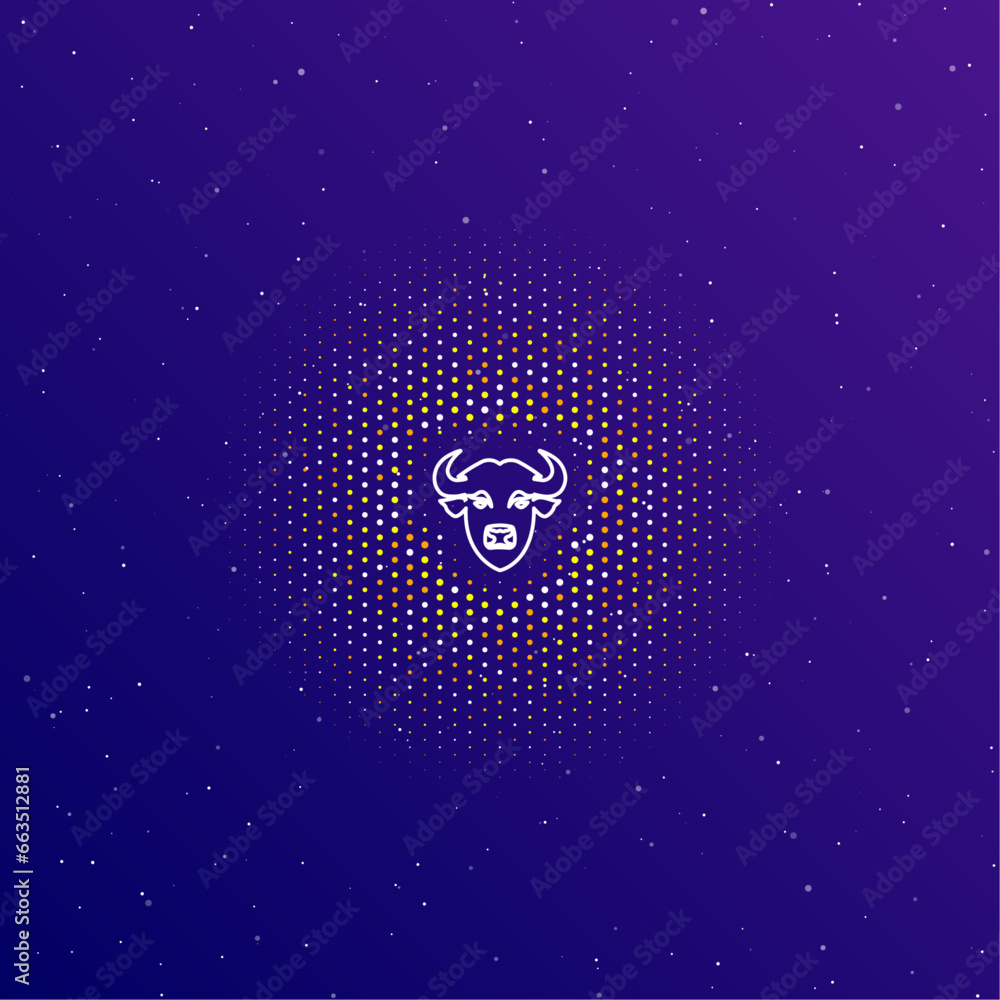 Poster a large white contour buffalo head symbol in the center, surrounded by small dots. dots of different