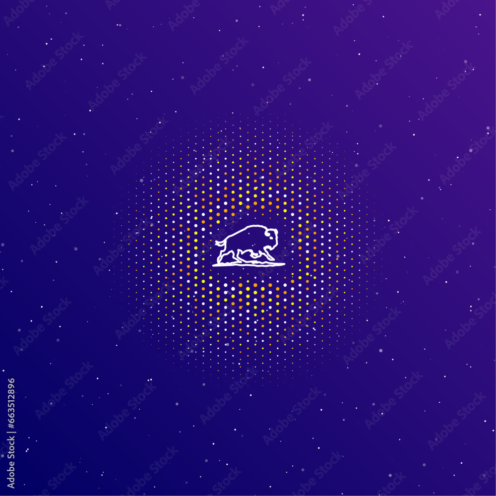 Poster a large white contour wild buffalo in the center, surrounded by small dots. dots of different colors