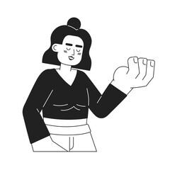 Woman sincere smile monochromatic flat vector character. Gorgeous latina brunette lady. Editable thin line half body person on white. Simple bw cartoon spot image for web graphic design