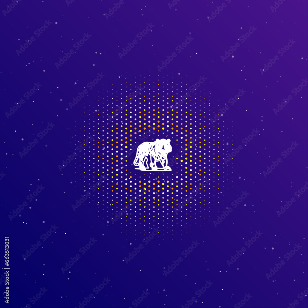 Poster a large white contour tiger symbol in the center, surrounded by small dots. dots of different colors