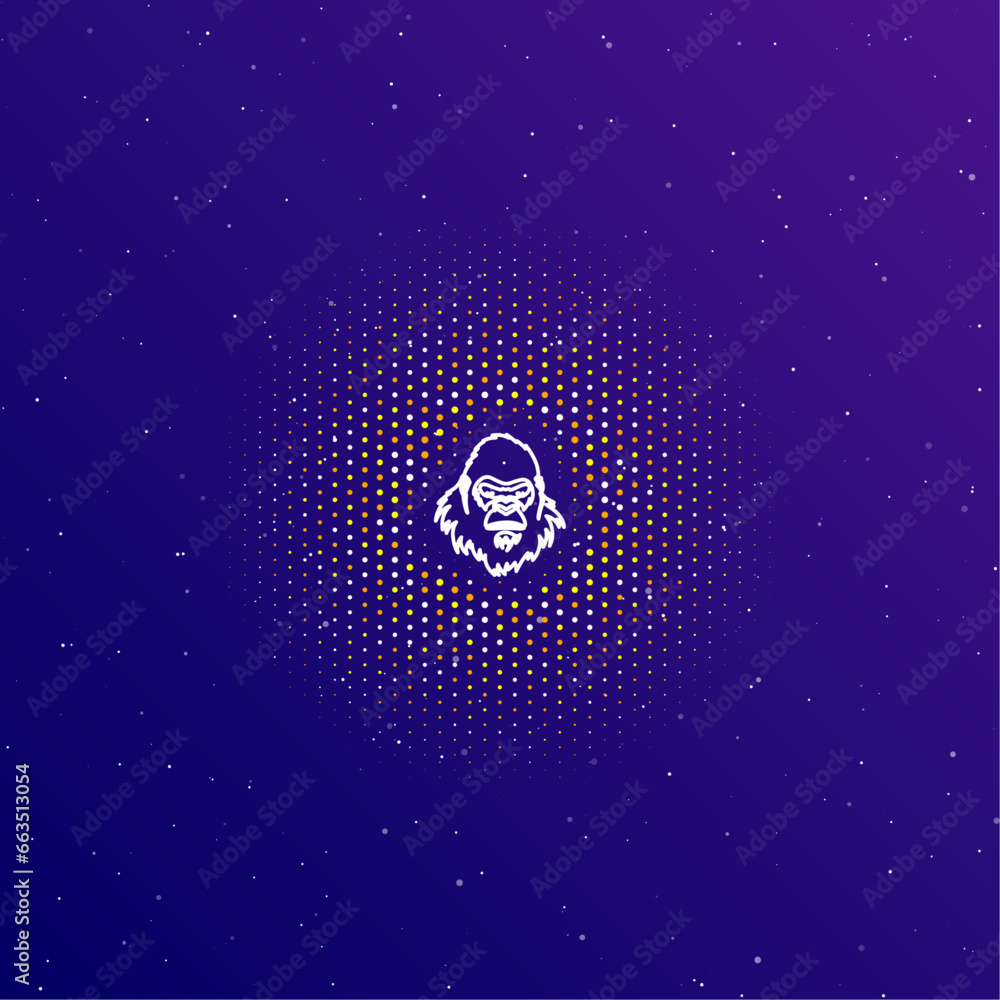 Poster a large white contour gorilla head symbol in the center, surrounded by small dots. dots of different