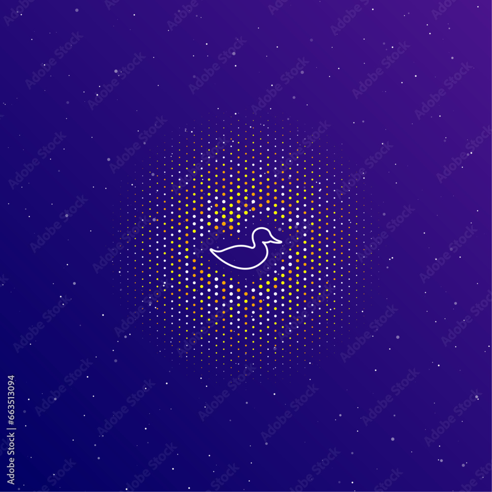 Poster a large white contour duck symbol in the center, surrounded by small dots. dots of different colors 