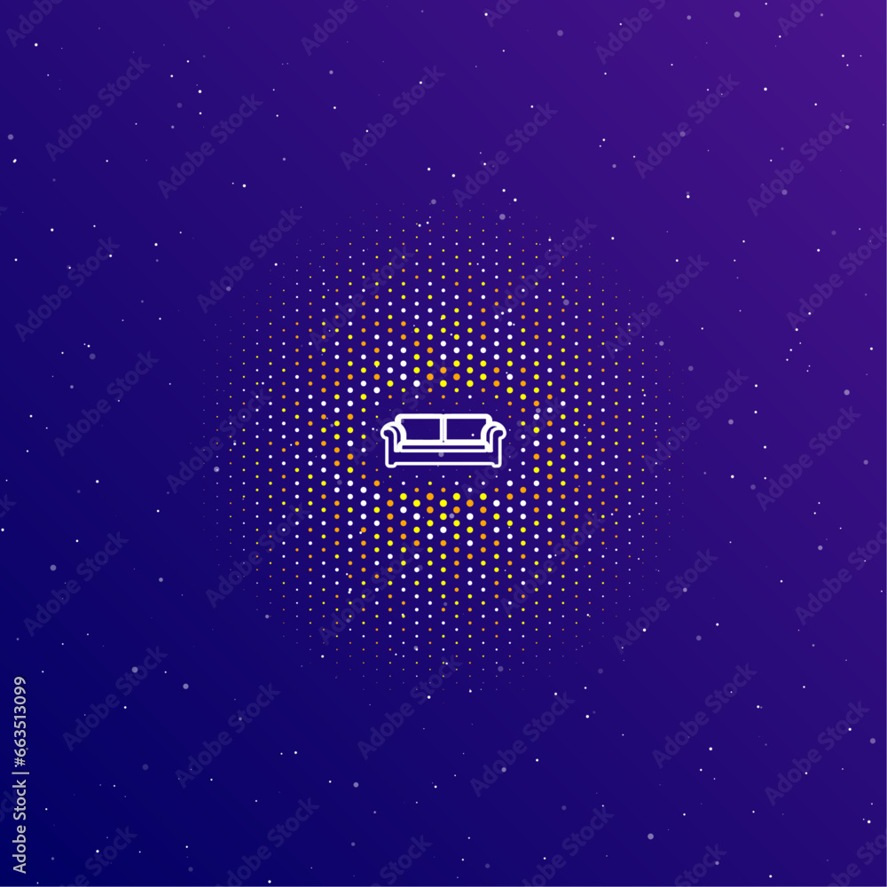 Poster a large white contour sofa icon in the center, surrounded by small dots. dots of different colors in