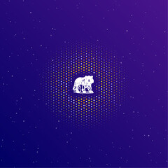 A large white contour tiger symbol in the center, surrounded by small dots. Dots of different colors in the shape of a ball. Vector illustration on dark blue gradient background with stars