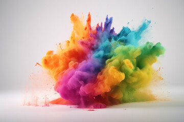 Fototapeta na wymiar Holi festival tradition captured in a stunning explosion of colored powder on a white background. A true celebration of life. AI Generative.
