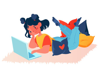 School-age girl lies with a laptop in a cozy home atmosphere, interior. Distance learning. Early development with modern technology or computer addiction, student vector cartoon character learning 