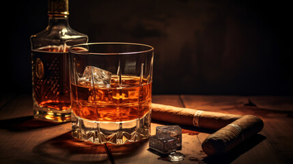glass of whiskey with ice, cigars, glass, drink, alcohol, cigar, wine, cognac, brandy, whiskey, beverage, bottle, fire, fireplace, liquor, bar, smoke, red, tobacco, isolated, white, champagne, liquid,