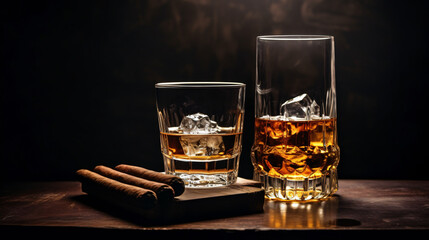 glass of whiskey with ice, cigars, glass, drink, alcohol, cigar, wine, cognac, brandy, whiskey, beverage, bottle, fire, fireplace, liquor, bar, smoke, red, tobacco, isolated, white, champagne, liquid,