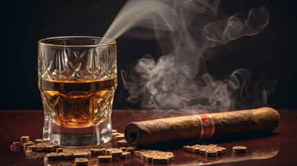 glass of whiskey with ice, cigars, glass, drink, alcohol, cigar, wine, cognac, brandy, whiskey, beverage, bottle, fire, fireplace, liquor, bar, smoke, red, tobacco, isolated, white, champagne, liquid, - obrazy, fototapety, plakaty