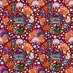 Seamless pattern of a marine, tropical theme, Seahorse, Crab, starfish, shells, corals, algae, fishes, blue bubbles. Watercolor hand drawn illustration on burgundy background.