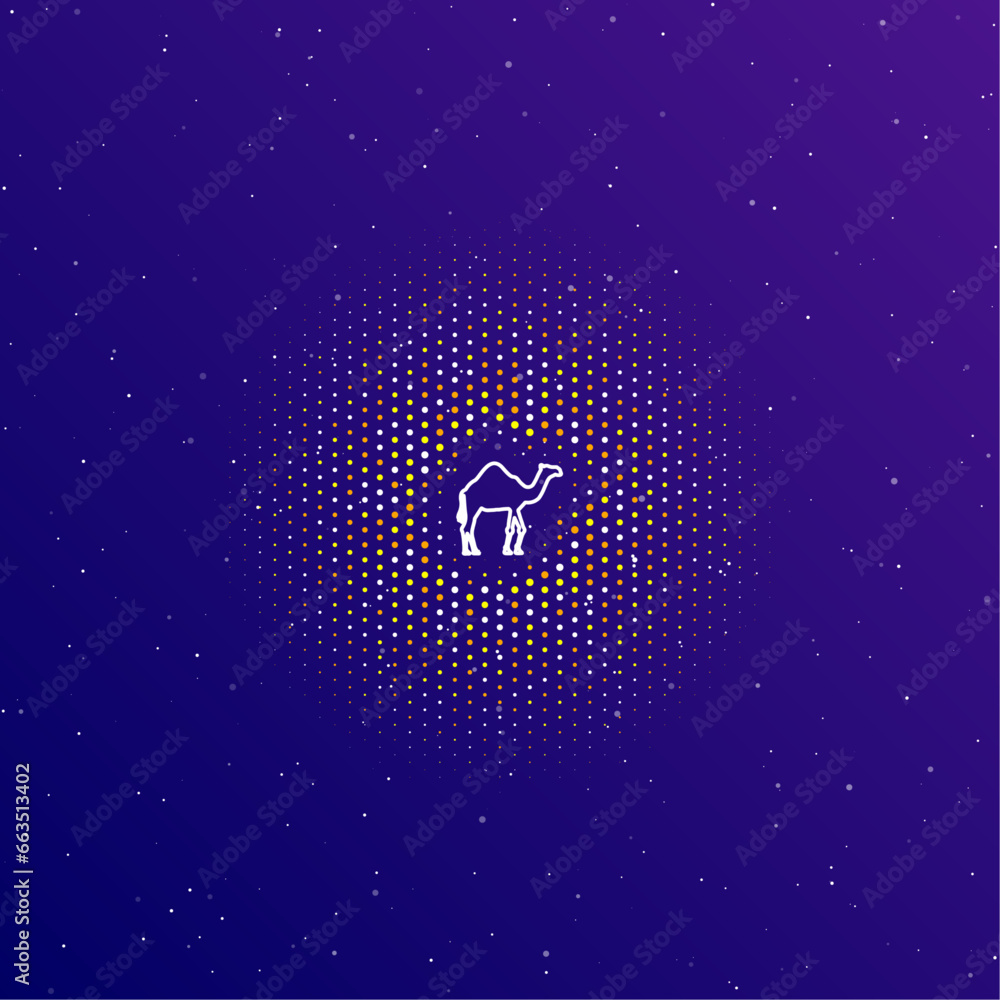 Poster a large white contour camel symbol in the center, surrounded by small dots. dots of different colors
