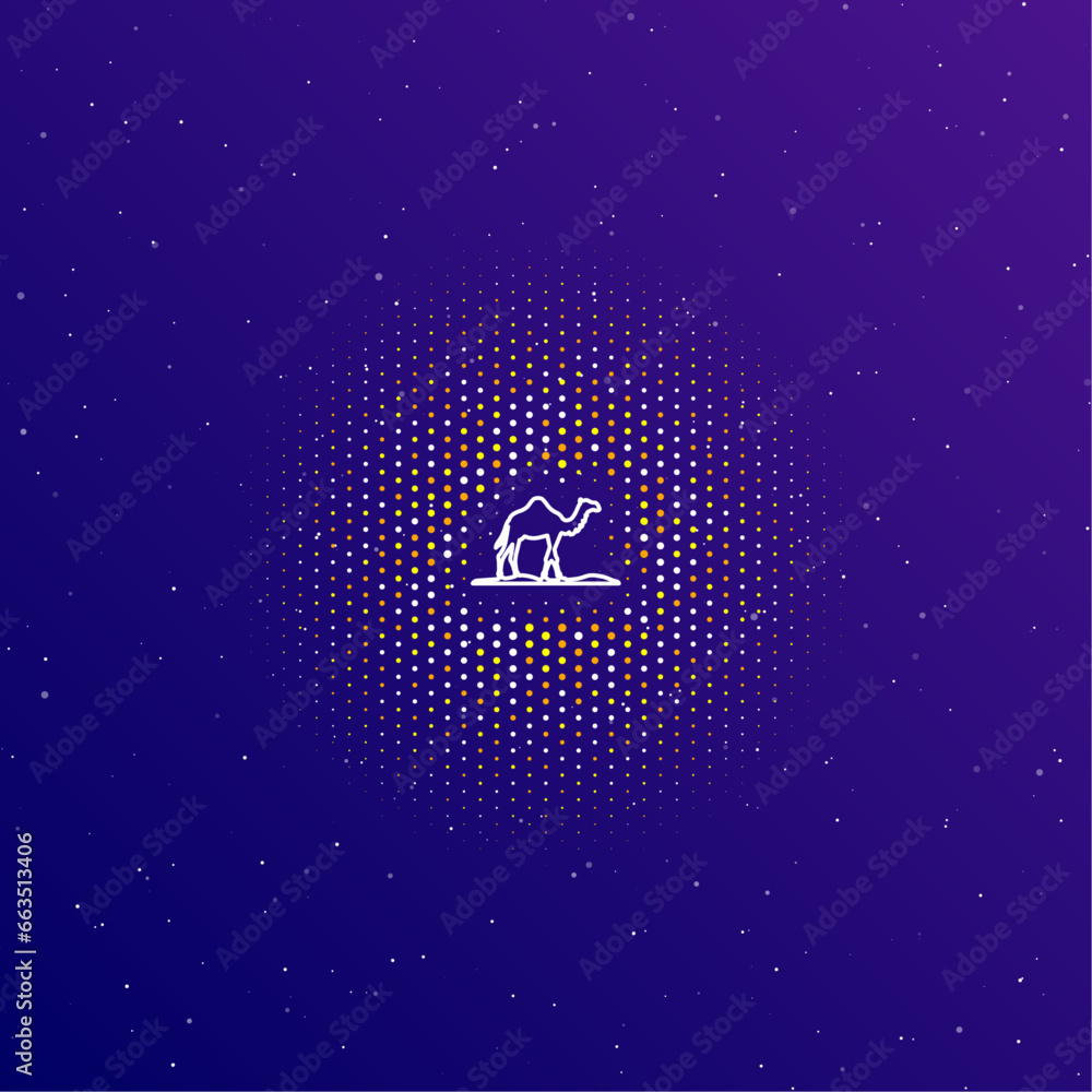 Poster a large white contour wild camel symbol in the center, surrounded by small dots. dots of different c