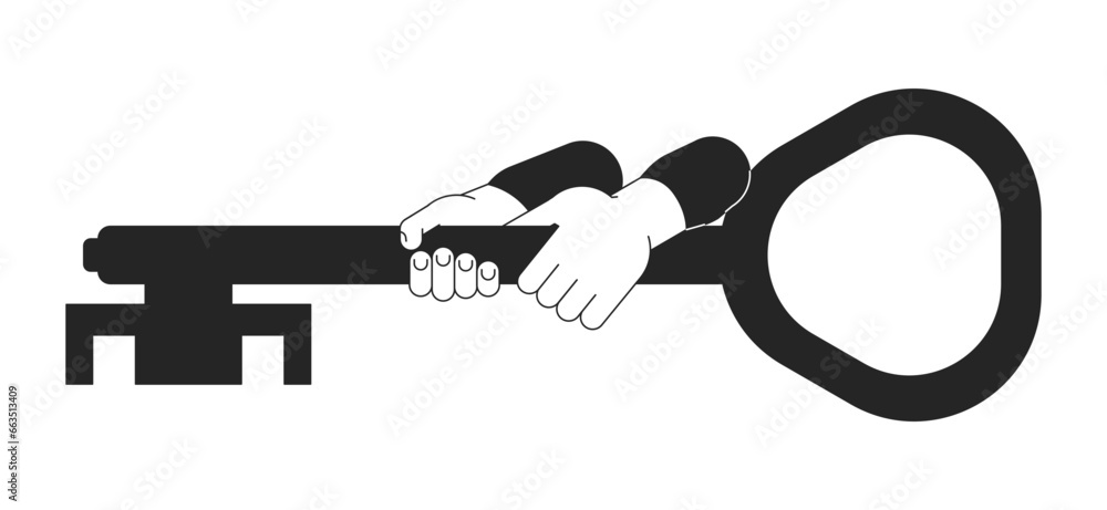 Poster hand holding key bw concept vector spot illustration. trying to open 2d cartoon flat line monochroma