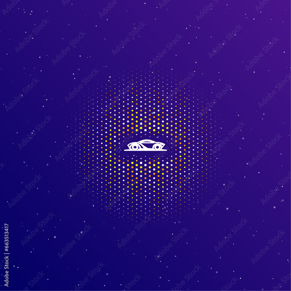 Poster a large white contour future car symbol in the center, surrounded by small dots. dots of different c