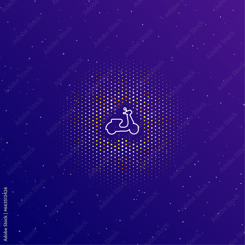 Poster a large white contour scooter symbol in the center, surrounded by small dots. dots of different colo