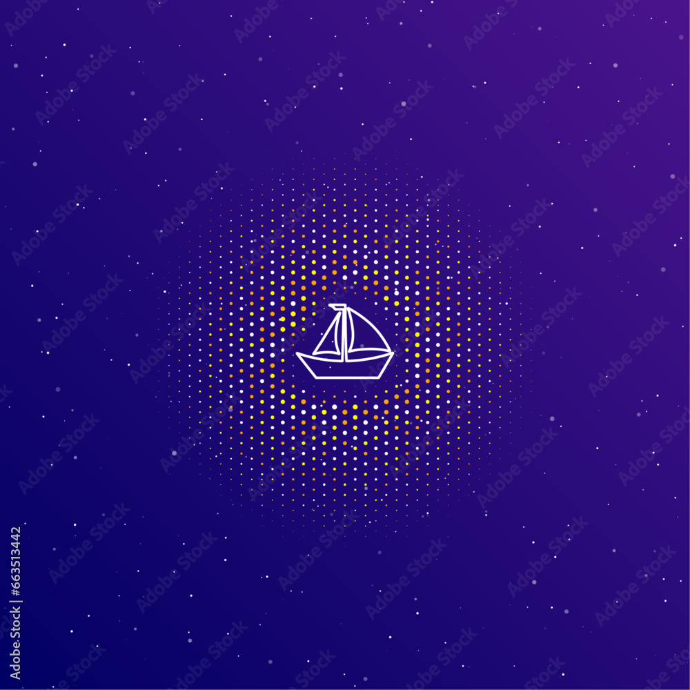 Poster a large white contour sailing boat symbol in the center, surrounded by small dots. dots of different
