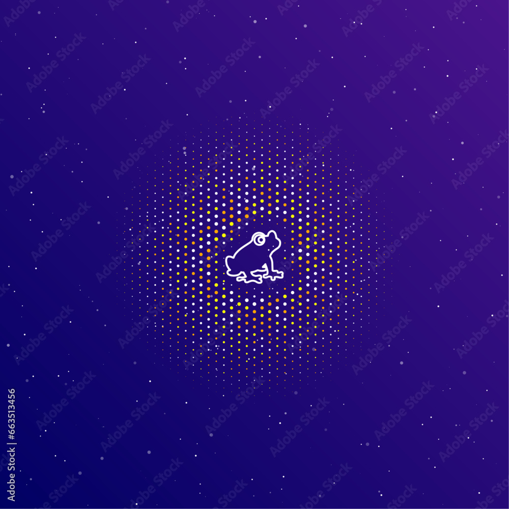 Poster a large white contour frog symbol in the center, surrounded by small dots. dots of different colors 