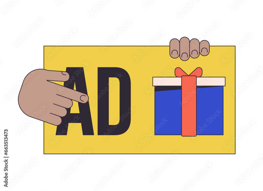 Poster click on advertising flat line concept vector spot illustration. ad fraud. push on prize 2d cartoon 