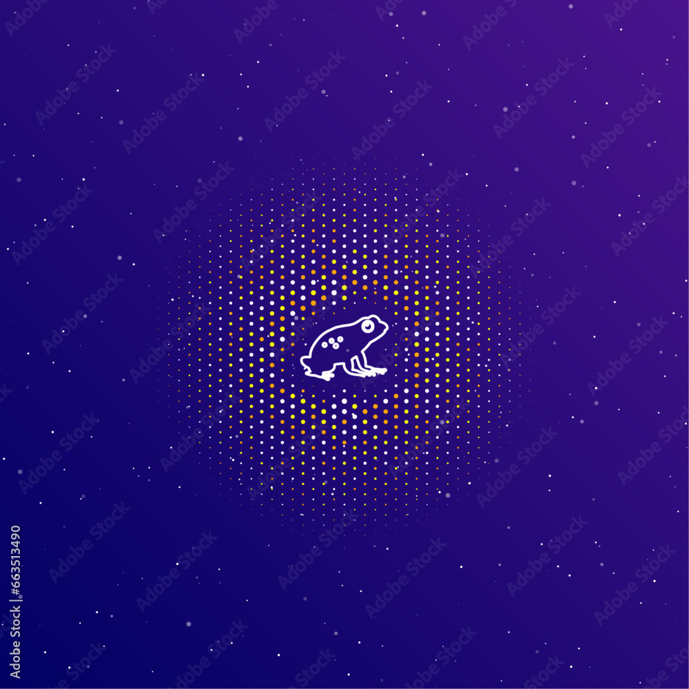 Poster a large white contour frog symbol in the center, surrounded by small dots. dots of different colors 