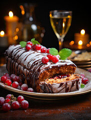Fototapeta na wymiar Traditional Christmas fruit cake decorated with cranberries, mint leaves and powdered sugar