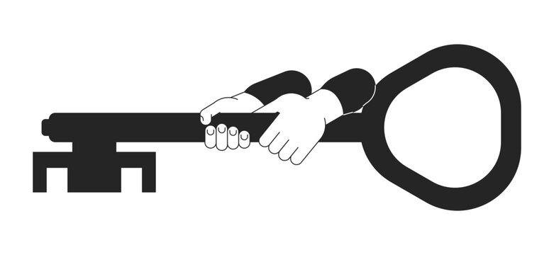 Hand holding key bw concept vector spot illustration. Trying to open 2D cartoon flat line monochromatic object for web UI design. Editable isolated outline hero image