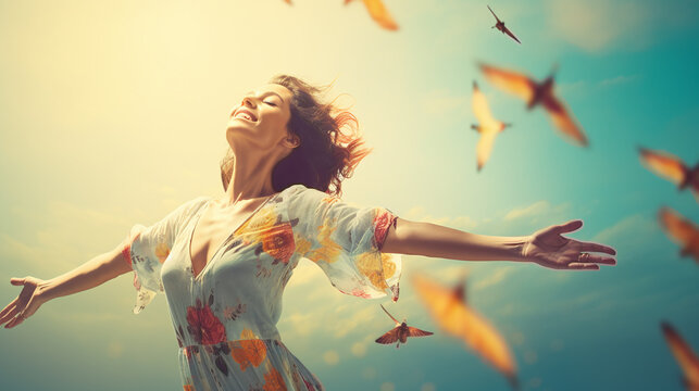 picture in vintage style with washed out colors of a woman who, in a relaxed pose, puts her arms in the air and lifts her head into the last rays of sunshine of the day creates a dreamy image