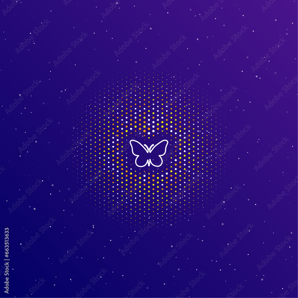 Poster a large white contour butterfly symbol in the center, surrounded by small dots. dots of different co