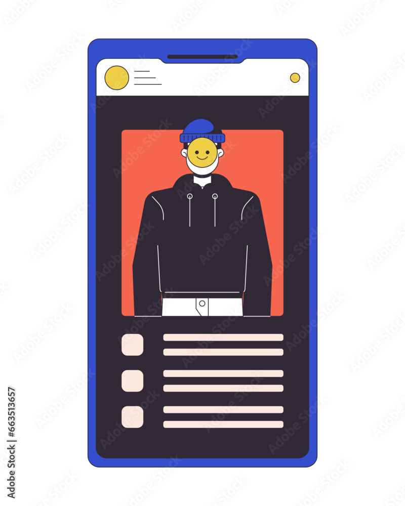 Poster stealing identity on smartphone screen flat line concept vector spot illustration. hide face by emoj