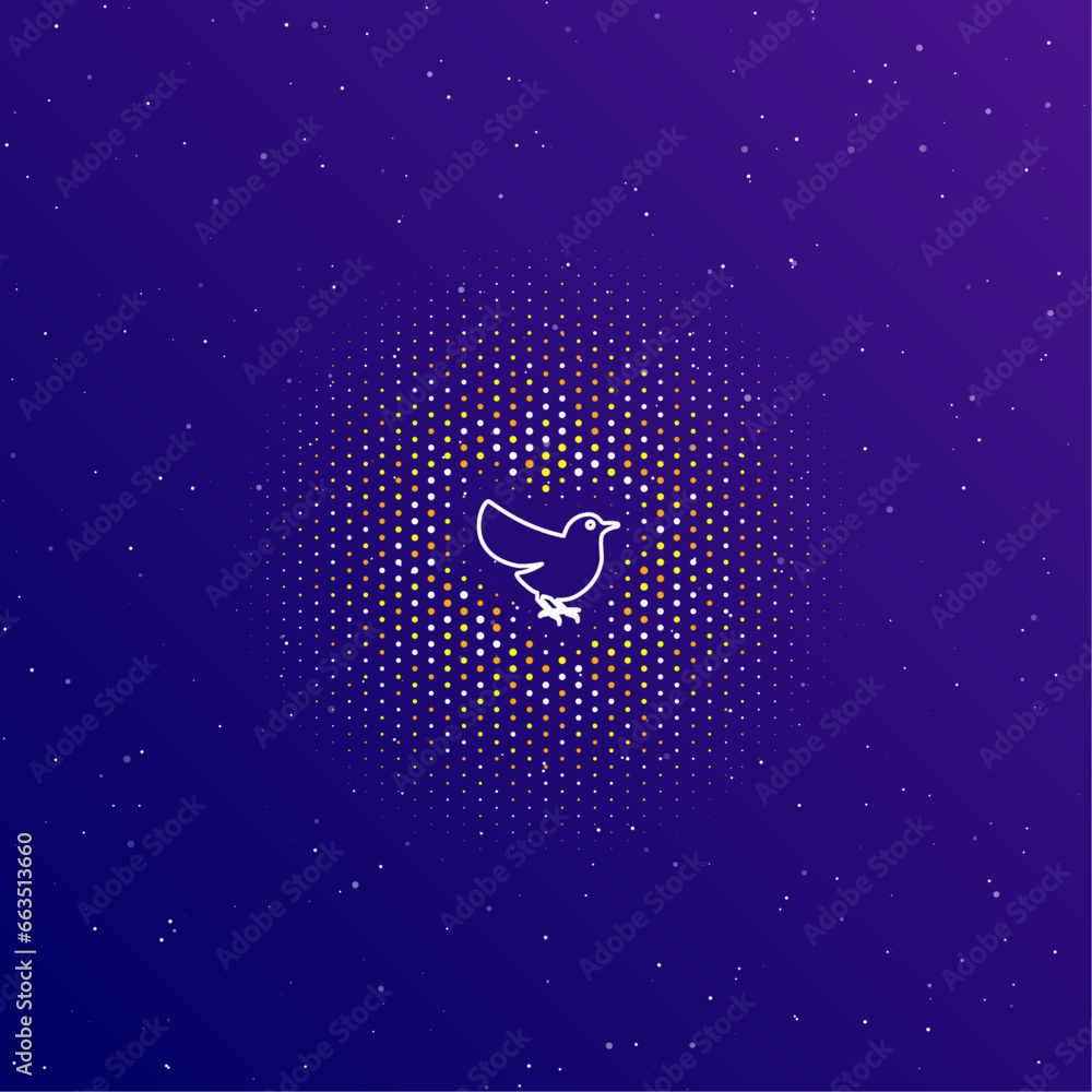 Poster a large white contour bird symbol in the center, surrounded by small dots. dots of different colors 