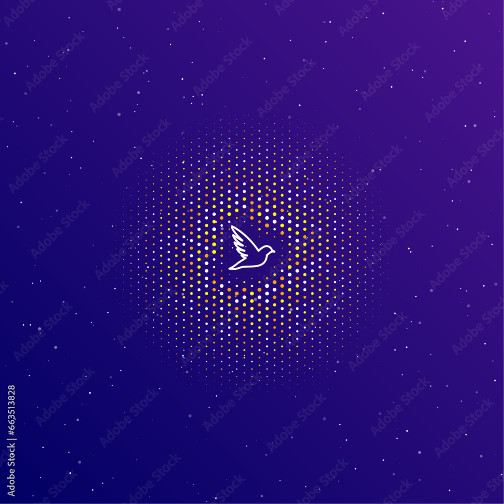 Poster a large white contour bird symbol in the center, surrounded by small dots. dots of different colors 