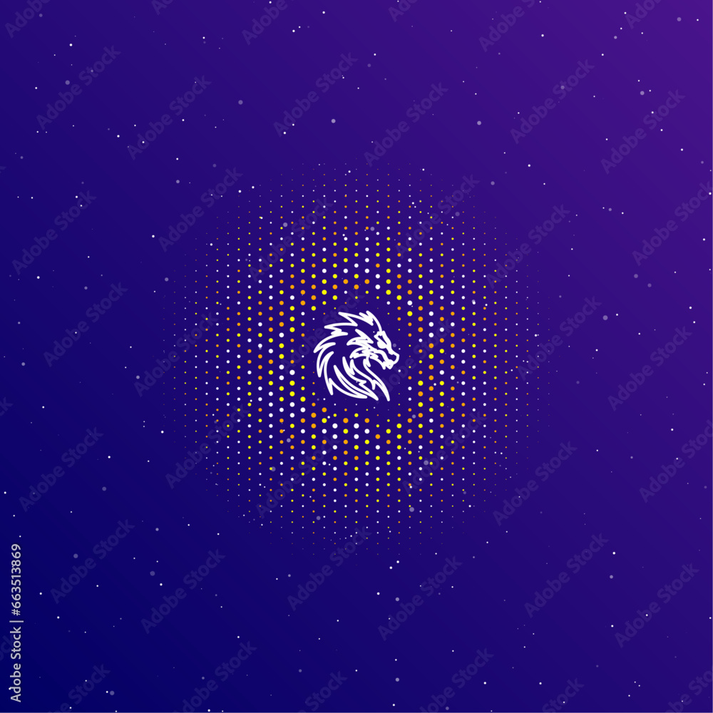 Poster a large white contour dragon's head symbol in the center, surrounded by small dots. dots of differen