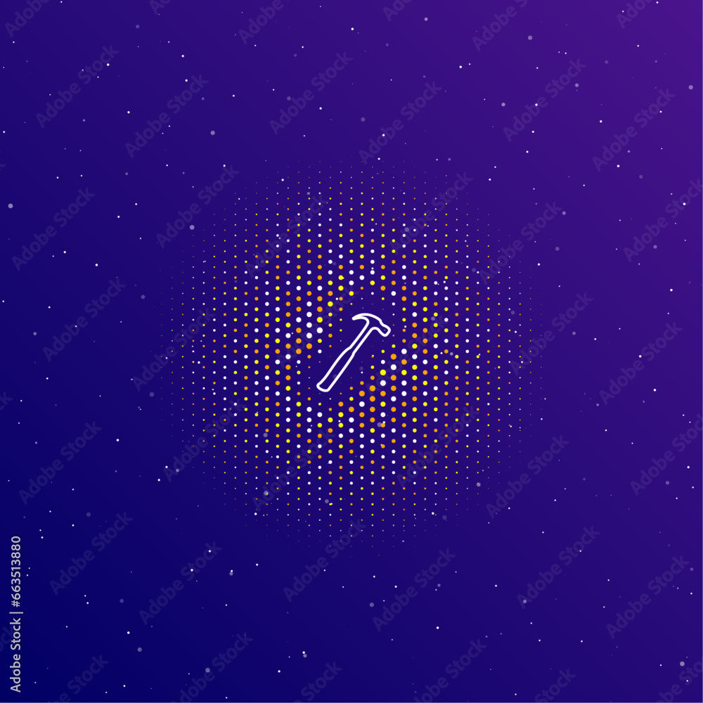 Poster a large white contour hammer symbol in the center, surrounded by small dots. dots of different color
