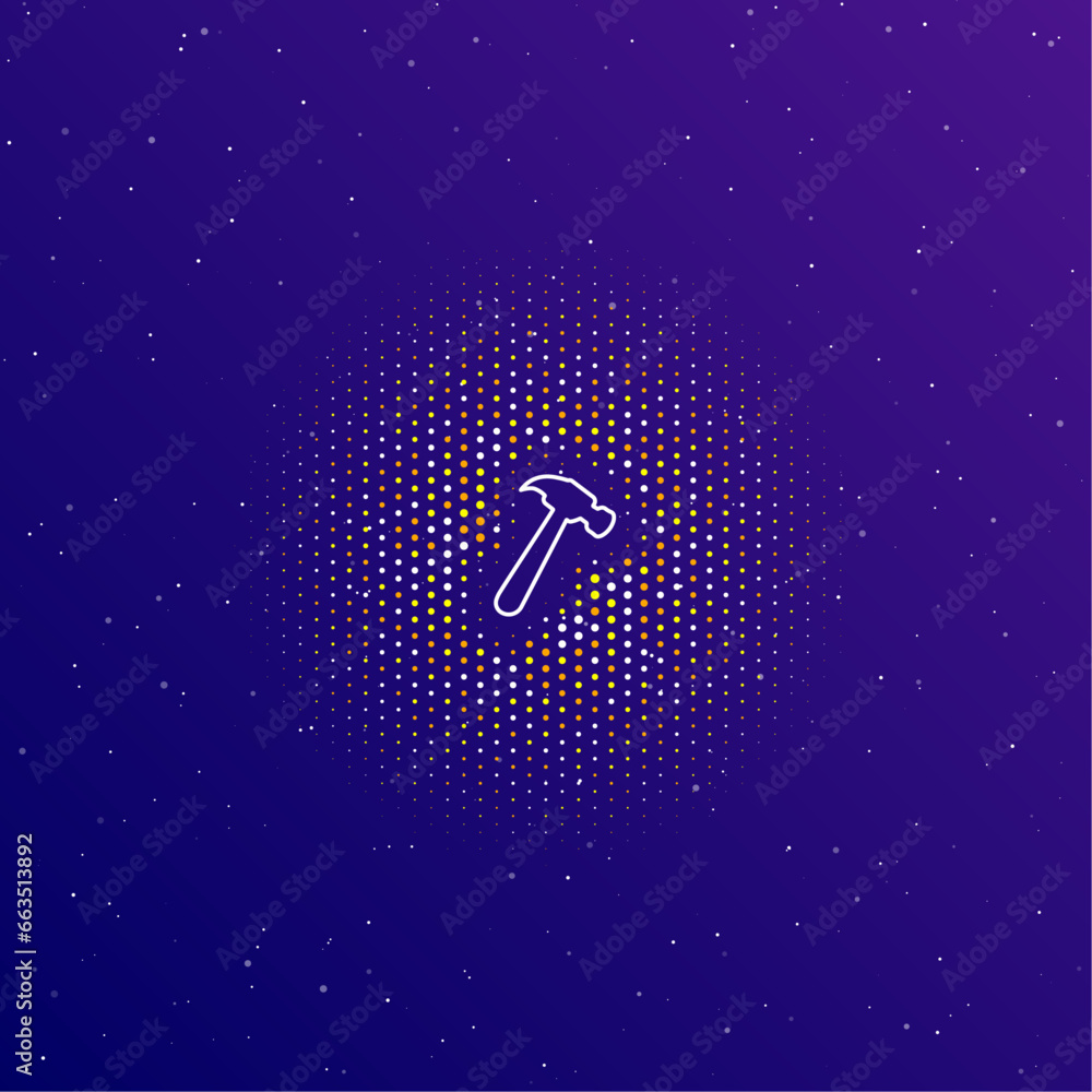 Poster a large white contour hammer symbol in the center, surrounded by small dots. dots of different color