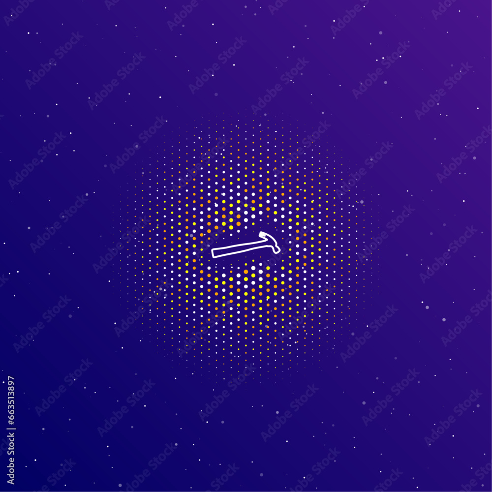 Poster a large white contour hammer symbol in the center, surrounded by small dots. dots of different color
