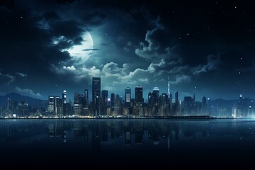 Night skyline wallpaper depicting a cityscape resembling Gotham. Generative AI