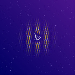 Obraz na płótnie Canvas A large white contour bird symbol in the center, surrounded by small dots. Dots of different colors in the shape of a ball. Vector illustration on dark blue gradient background with stars