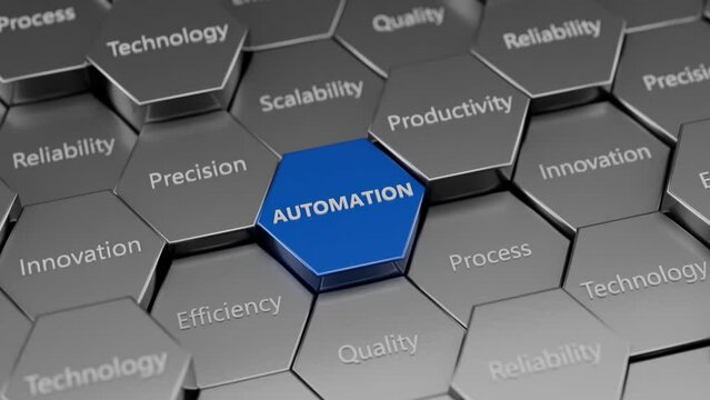 Automation hexagon 3d animation with other words such as precision, process, quality, productivity.