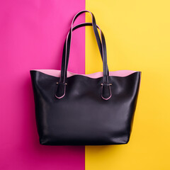 Trendy black leather female bag with contrasting pink trim isolated on a vibrant pink-yellow...