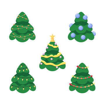 Merry Christmas trees 2D cartoon objects set. Happy new year illuminated firs isolated vector items white background. Christmastree decorated strings of lights color flat spot illustrations collection