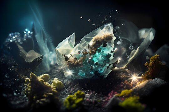 Fascinating Macro Photography: Bioluminescent Crystals, Mushrooms, Moss, and Fairy Creatures in Close-Up - Self-illuminating, Mysterious, Magical Worlds, one big blue-ish glowing Crystal