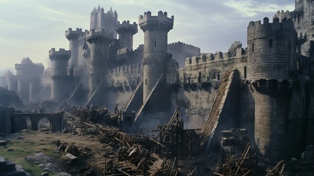 Medieval castle under siege by catapults and ladders and battering rams battle scenery