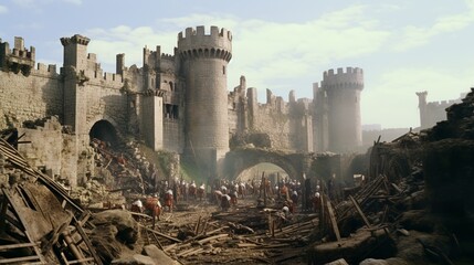 Medieval castle under siege by catapults and ladders and battering rams battle scenery - obrazy, fototapety, plakaty