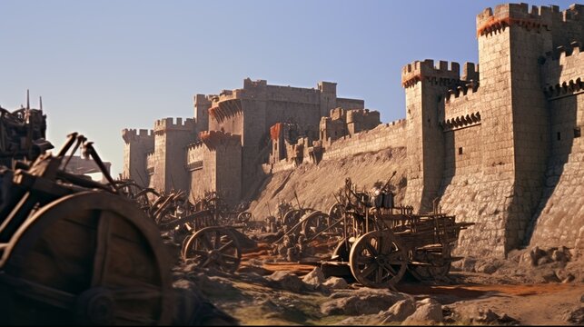 Medieval castle under siege by catapults and ladders and battering rams battle scenery