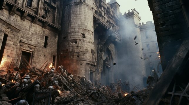 Medieval castle walls crumbling down under siege