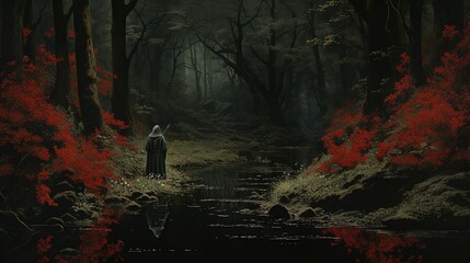 Mysterious fantasy forest with old man finding the right path - obrazy, fototapety, plakaty