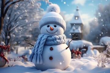Obraz premium joyful snowman on a background of winter snow